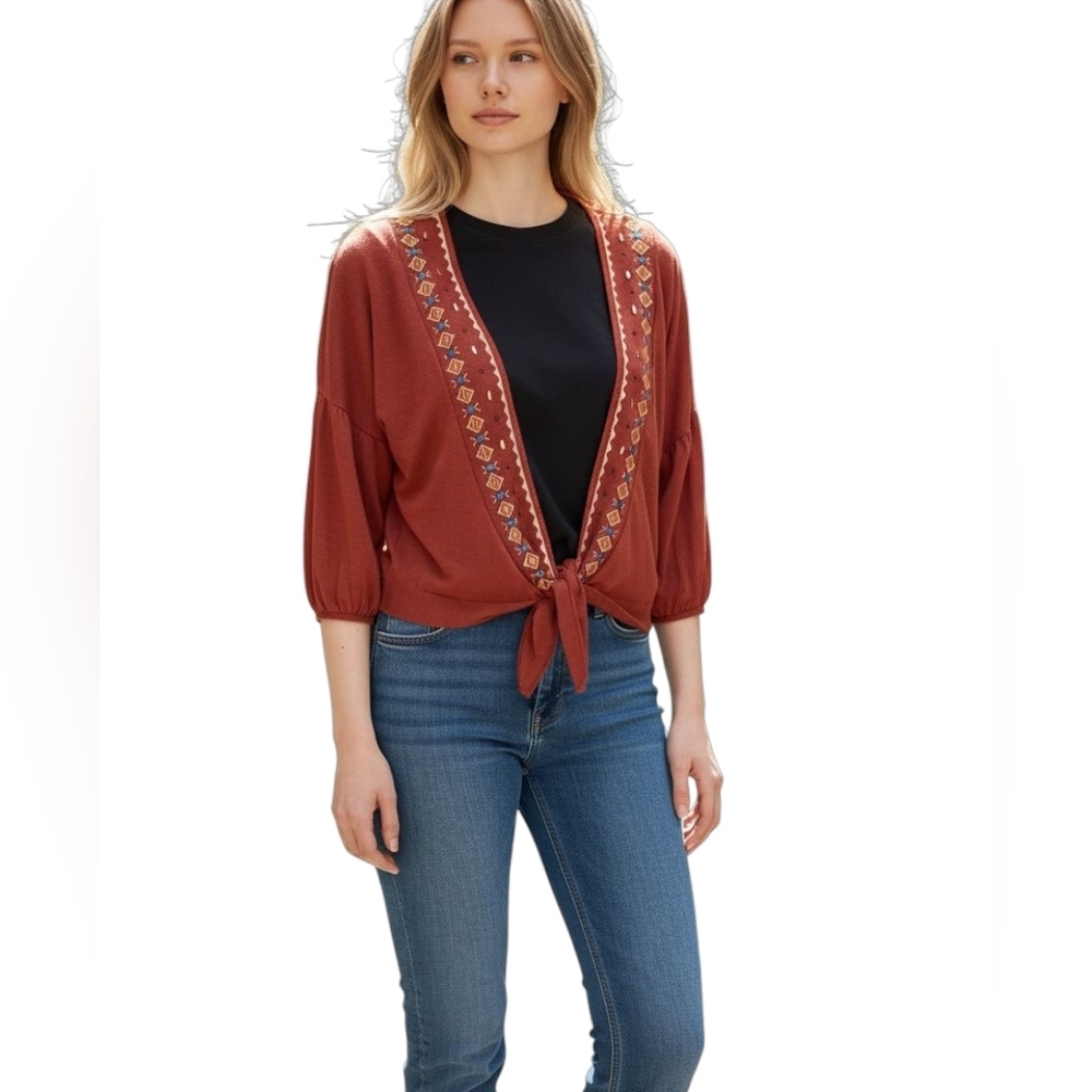 AYLA Embroidered Cropped Cardigan Tie Front Womens Medium Rust